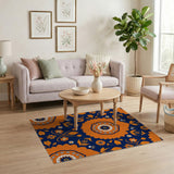 Vibrant Orange Floral Navy Area Rug