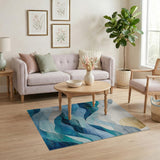 Teal Blue Abstract Waves Mountains Rug with Gold Sun
