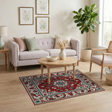 Red Persian Medallion Area Rug with Teal Floral Accents
