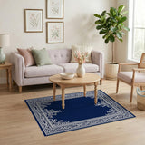 Blue and Teal Navy Blue Ornate Filigree Border Area Rug