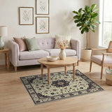 Ivory Traditional Persian Rug with Navy Medallion