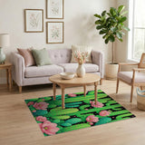 Vibrant Green Cactus Pink Flower Area Rug