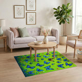 Whimsical Cartoon Blue Butterflies Green Area Rug