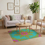 Teal Persian Medallion Rug with Pink Flowers