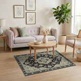 Ivory Persian Medallion Area Rug with Navy Floral Design