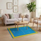 Blue Tennis Court Area Rug with Yellow Borders
