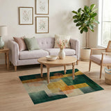 ODIKA Modern Abstract Washable Rug - Green & Gold Geometric Low Pile Area Rug, Non-Slip, OEKO-TEX Certified