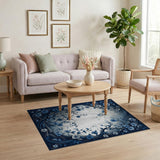Washable Elegant Blue Botanical Floral Area Rug - Low Pile & Non-Slip