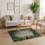 Lush Green Fern Magnolia Floral Border Rug