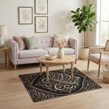 Ornate Ivory Swirl Floral Navy Area Rug