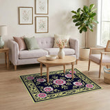 Pink Floral Vintage Area Rug Black Gold Border