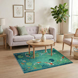 Floral Vintage Teal Koi Fish Lotus Pond Area Rug