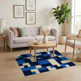 Blue and Teal Navy Blue Geometric Block Area Rug