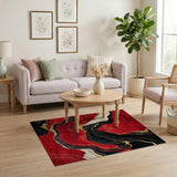 ODIKA Washable Red and Black Abstract Marble Area Rug - Non-Slip Low Pile