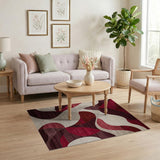 ODIKA Washable Modern Abstract Wavy Area Rug - Red & Burgundy Low Pile Non-Slip Carpet