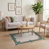 Elegant Teal Gold Ornate Floral Border Rug