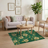 Emerald Green Floral Vintage Area Rug with Cream Blooms