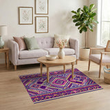 Vibrant Tribal Geometric Area Rug in Purple Pink Gold