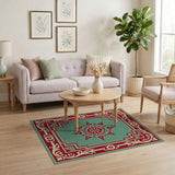 Teal Persian Medallion Area Rug with Red Border