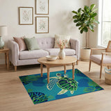 Teal Sea Turtle Coastal Coastal Beach Area Rug