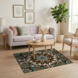 Ornate Teal Orange Mandala Area Rug