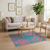 Teal Floral Persian on Vibrant Pink Area Rug