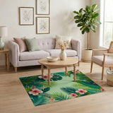 Lush Green Hibiscus and Palm Leaf Area Rug