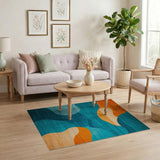 ODIKA Washable Abstract Wave Area Rug - Teal & Burnt Orange Mid-Century Modern Low Pile Non-Slip Rug
