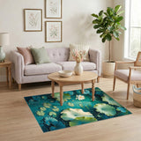 Lotus Pond Teal Washable Area Rug