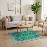 Teal Exotic Floral Motif Area Rug