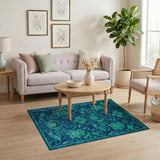 Teal Blooms Leaves on Navy Floral Rug