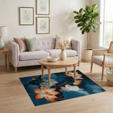 Teal Lotus Blooms Area Rug with Orange Petals