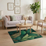 Emerald Green Monstera Palm Leaf Rug with Gold Geometry