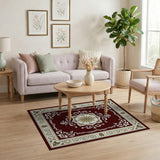 ODIKA Washable Red Traditional Medallion Area Rug - Low Pile Non-Slip Vintage Carpet