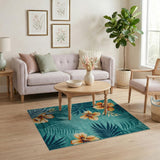 Teal Hibiscus and Palm Leaf Coastal Area Rug