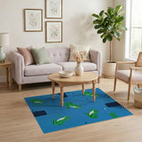 Playful Cartoon Green Frogs Blue Area Rug