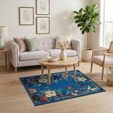 Blue Chinoiserie Peony Butterfly Area Rug