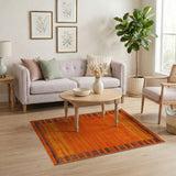 Vibrant Orange Stripe Rug with Brown Geometric Borders