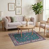 Teal Persian Floral Area Rug with Ornate Borders