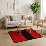 Bold Red Grid Area Rug with Black Stripe Circle