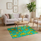 Playful Yellow Cartoon Cats Stars Teal Area Rug