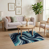Blue and Teal Abstract Area Swirling Teal Waves Abstract Area Rug