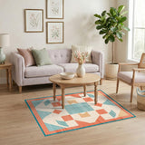 Teal Geometric Coral Border Area Rug