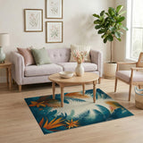 Teal Palm Frond Area Rug with Orange Hibiscus