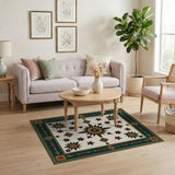 Teal Border Gold Starburst Floral Area Rug