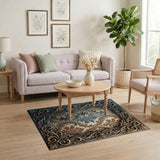 Distressed Ornate Damask Frame Area Rug