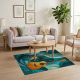 ODIKA Washable Abstract Guitar Area Rug, Teal Blue Non-Slip Low Pile Musical Decor