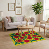 Vibrant Red Poinsettia Blooms on Sunny Yellow Rug