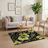 Vibrant Yellow Hibiscus Floral Area Rug on Black