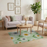 White Daisy Floral Area Rug on Mint Green